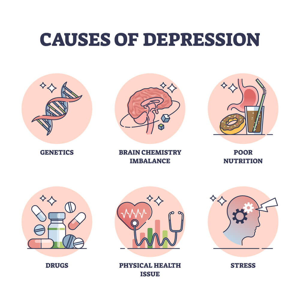 6 circles listing causes of depression