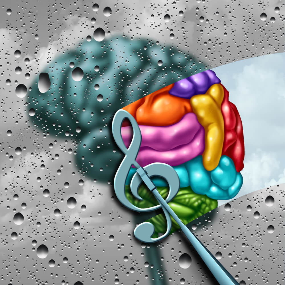 Image of brain with colored parts and a music symbol