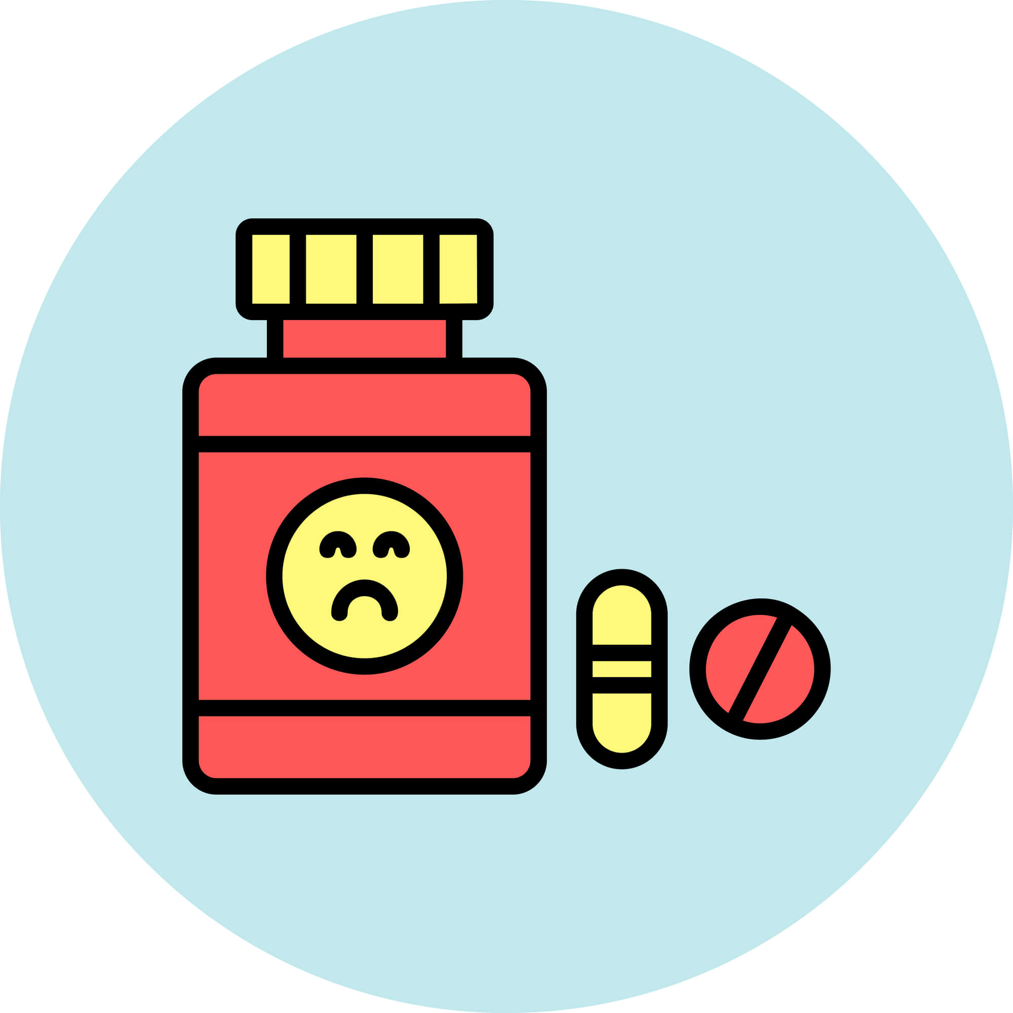 Image of a pill bottle with a frowning face